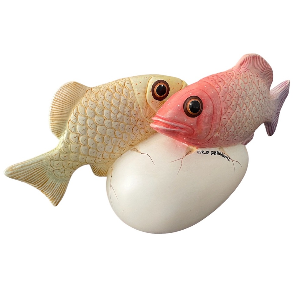 Sergio Bustamante Mexican Artist Sculpture of Two Fishes on top of Egg Beautiful